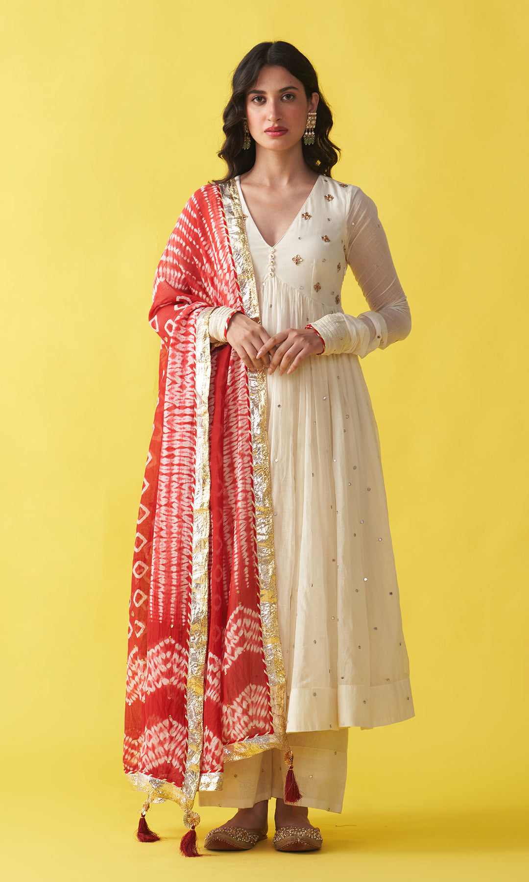 Gulzaar Off white v-neck embroidered anarkali with palazzo and  red shibori dupatta (set of 3)