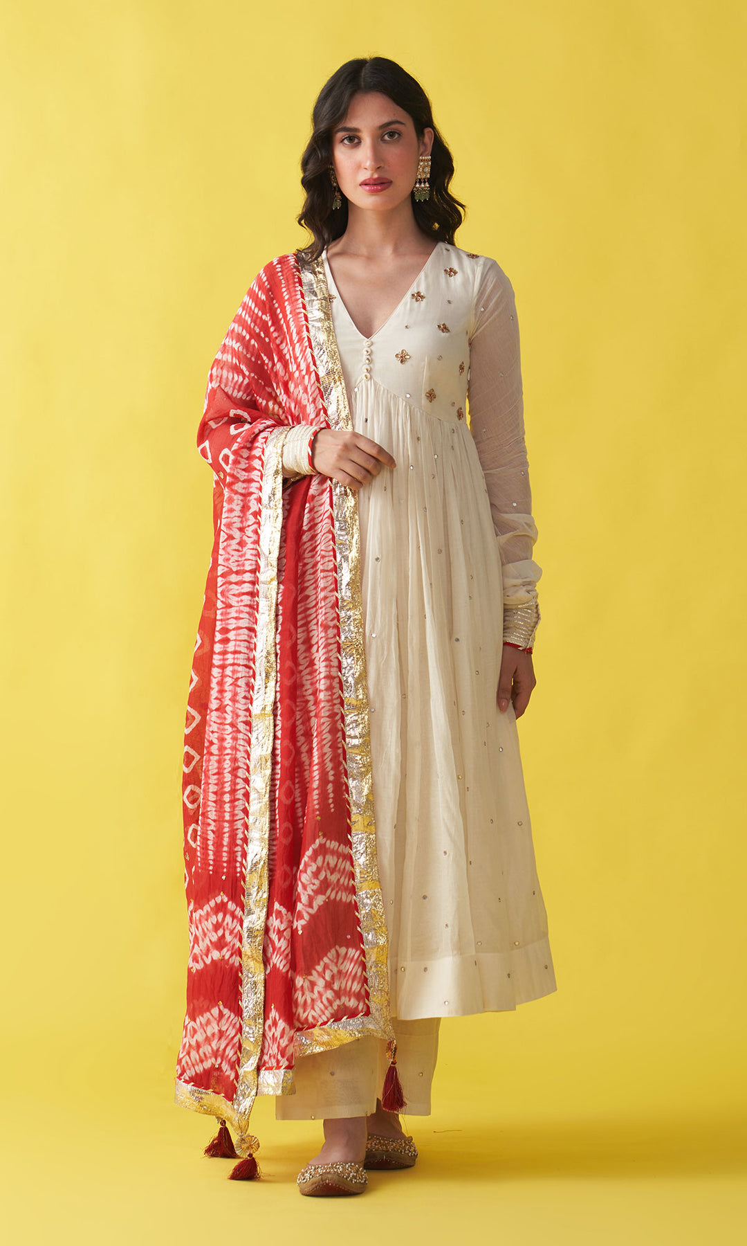 Gulzaar Off white v-neck embroidered anarkali with palazzo and  red shibori dupatta (set of 3)
