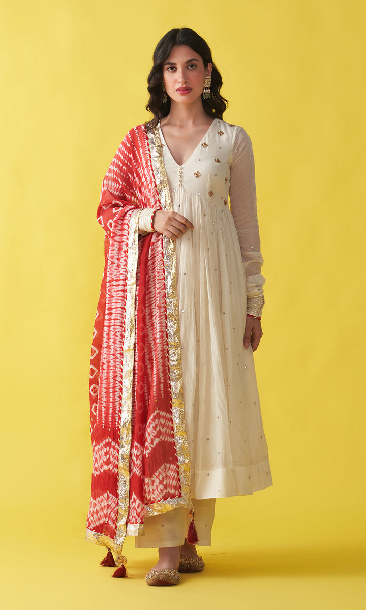 Gulzaar Off white v-neck embroidered anarkali with palazzo and  red shibori dupatta (set of 3)