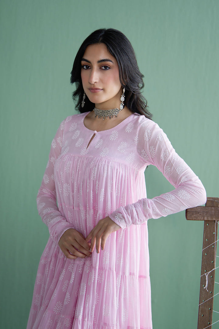 Chhaya Vol 2 Pink Tiered anarkali with chooridar and dupatta (set of 3)