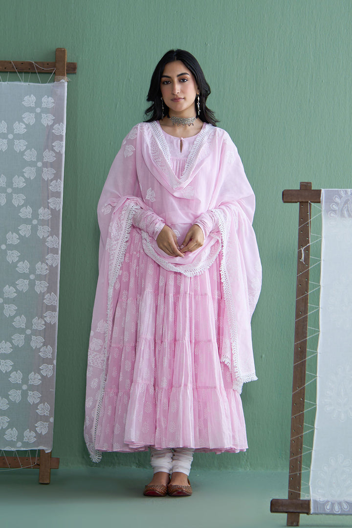 Chhaya Vol 2 Pink Tiered anarkali with chooridar and dupatta (set of 3)