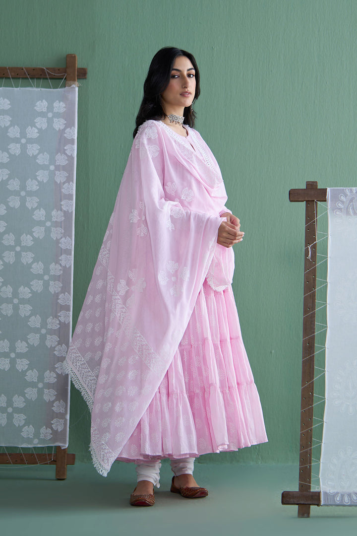Chhaya Vol 2 Pink Tiered anarkali with chooridar and dupatta (set of 3)