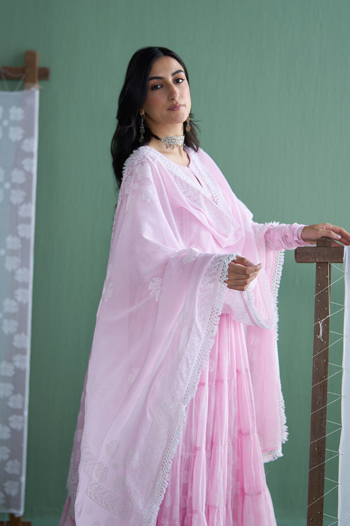 Chhaya Vol 2 Pink Tiered anarkali with chooridar and dupatta (set of 3)