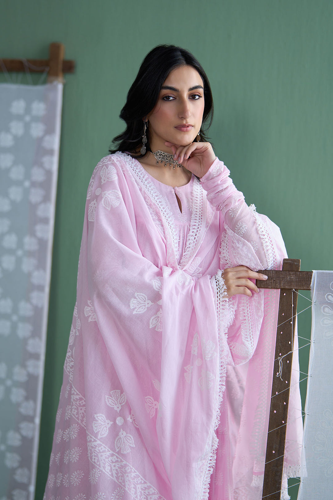 Chhaya Vol 2 Pink Tiered anarkali with chooridar and dupatta (set of 3)