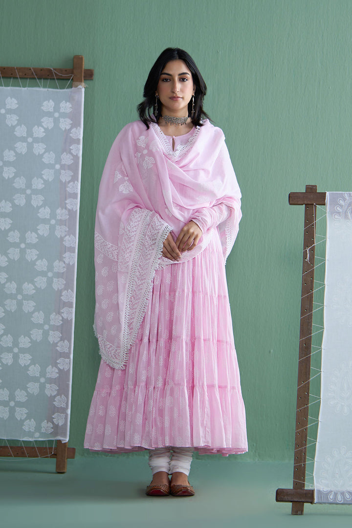 Chhaya Vol 2 Pink Tiered anarkali with chooridar and dupatta (set of 3)