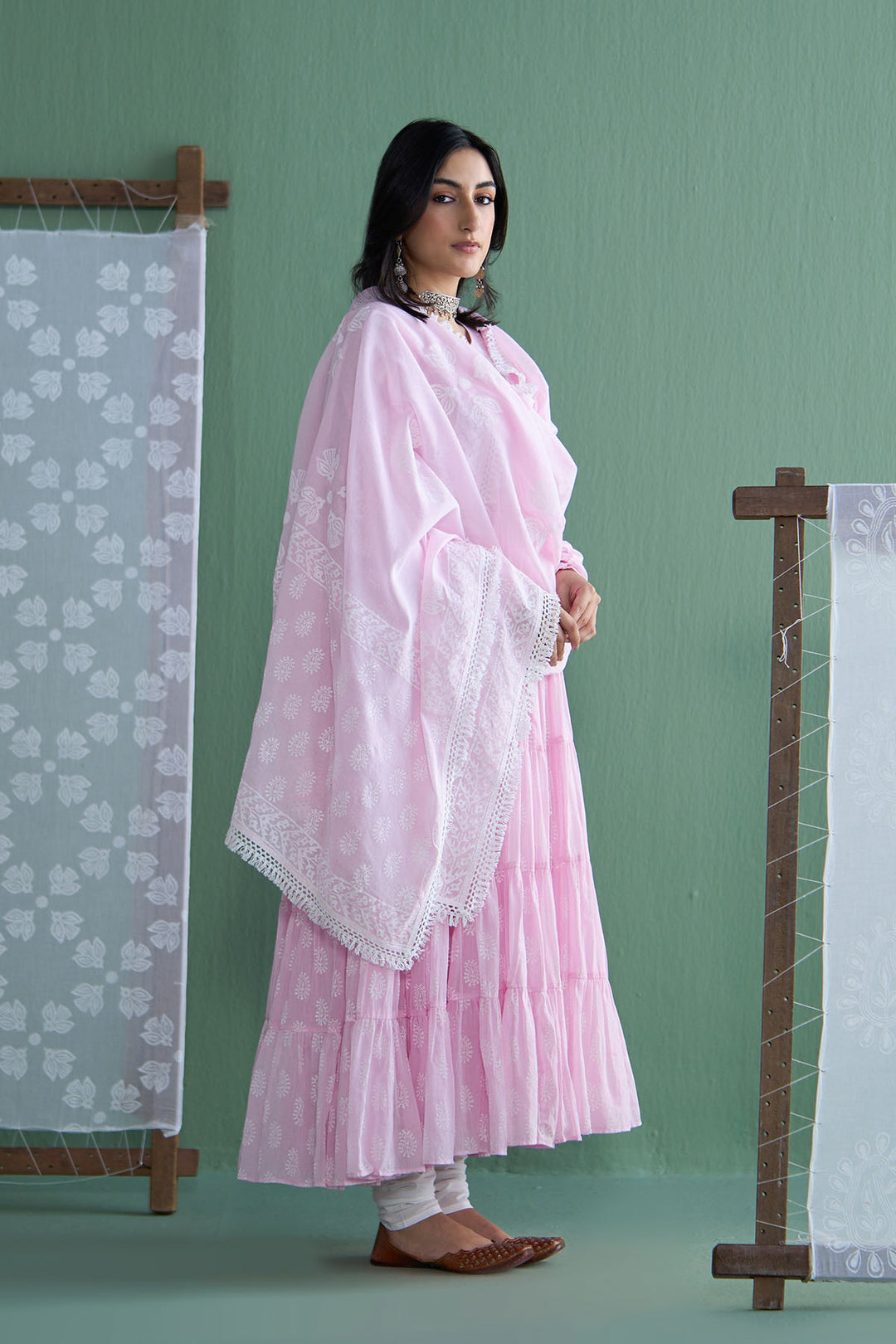 Chhaya Vol 2 Pink Tiered anarkali with chooridar and dupatta (set of 3)
