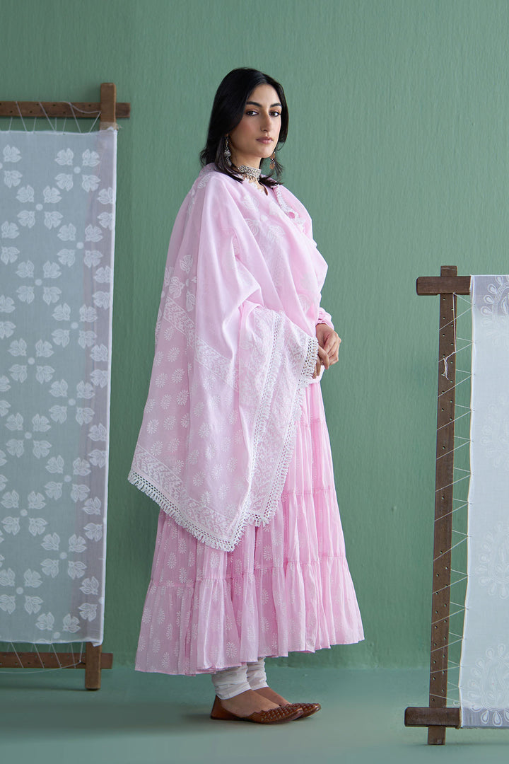 Chhaya Vol 2 Pink Tiered anarkali with chooridar and dupatta (set of 3)