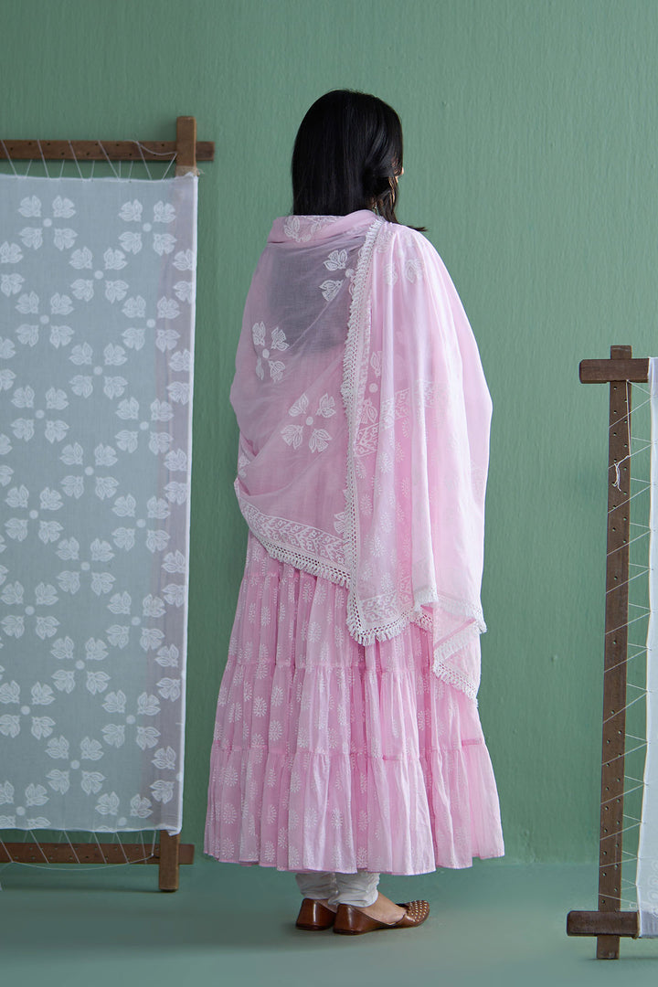 Chhaya Vol 2 Pink Tiered anarkali with chooridar and dupatta (set of 3)