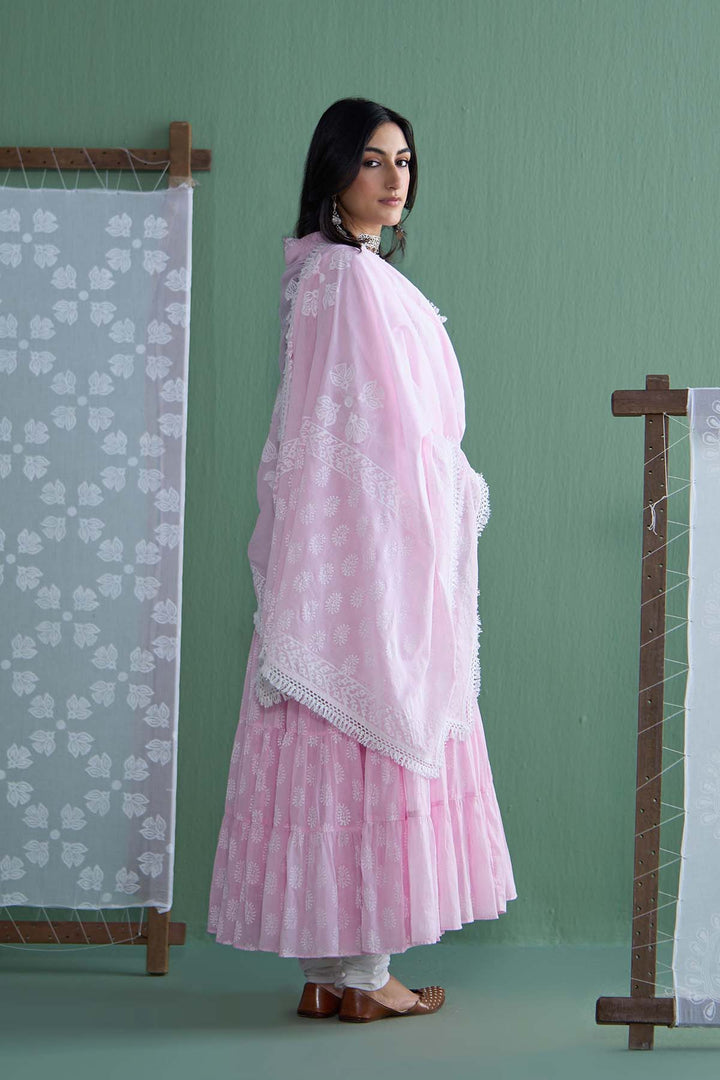 Chhaya Vol 2 Pink Tiered anarkali with chooridar and dupatta (set of 3)
