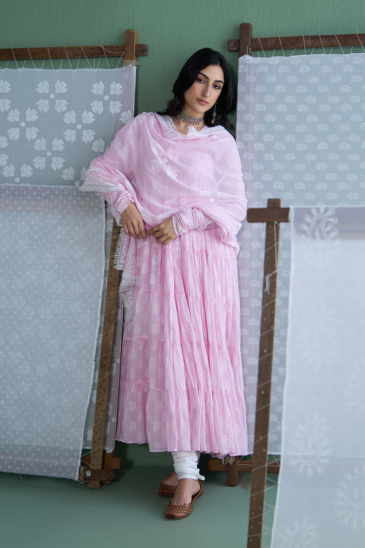 Chhaya Vol 2 Pink Tiered anarkali with chooridar and dupatta (set of 3)