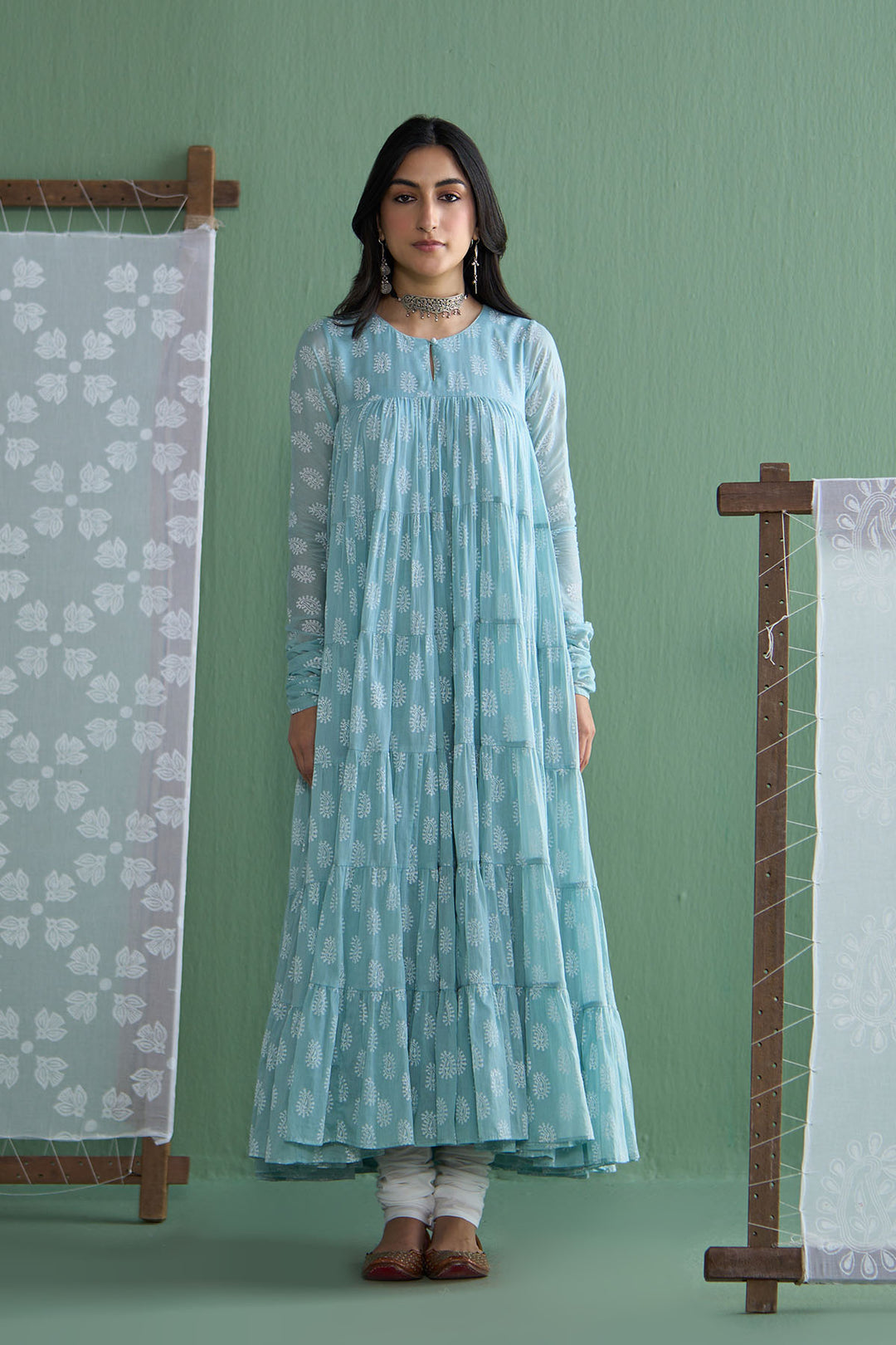 Chhaya Vol 2 Turquoise Tiered anarkali with chooridar and dupatta (set of 3)
