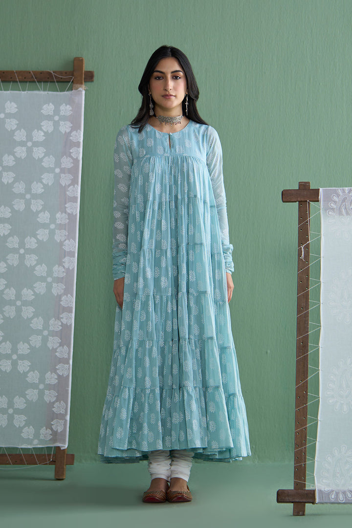 Chhaya Vol 2 Turquoise Tiered anarkali with chooridar and dupatta (set of 3)