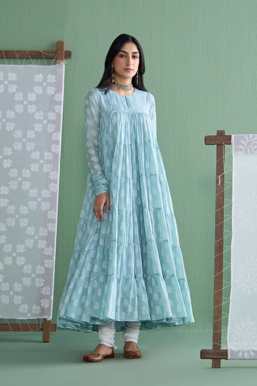 Chhaya Vol 2 Turquoise Tiered anarkali with chooridar and dupatta (set of 3)