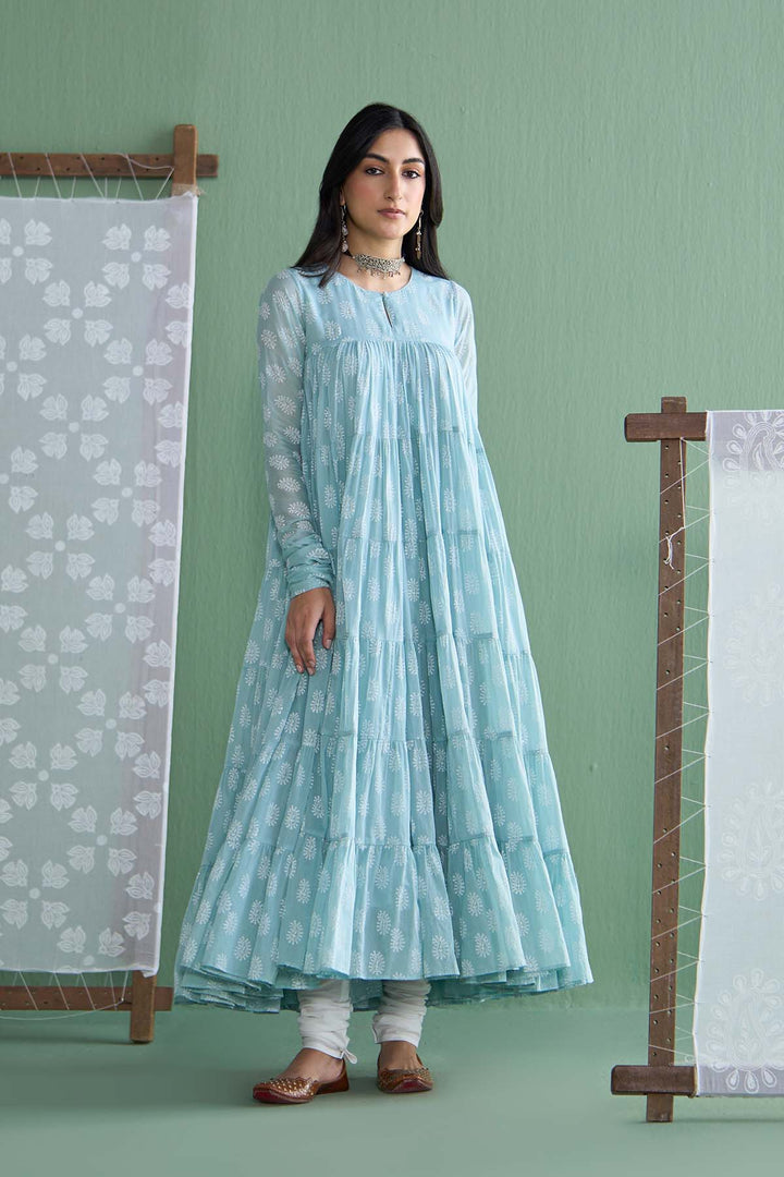 Chhaya Vol 2 Turquoise Tiered anarkali with chooridar and dupatta (set of 3)