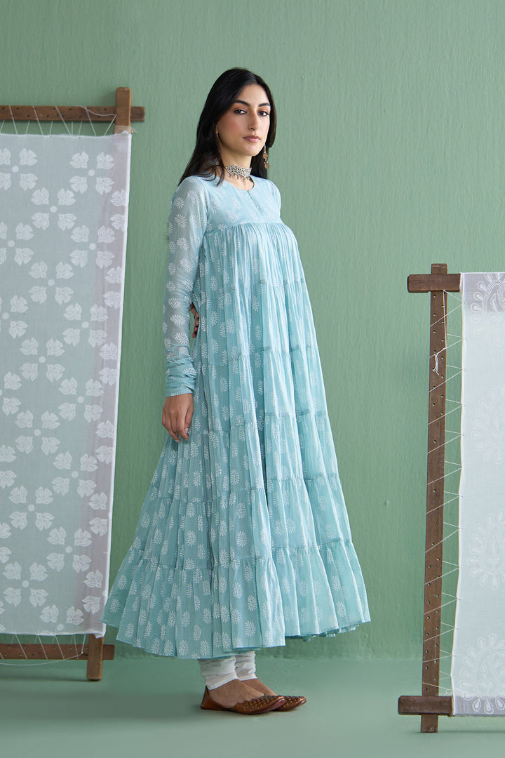 Chhaya Vol 2 Turquoise Tiered anarkali with chooridar and dupatta (set of 3)