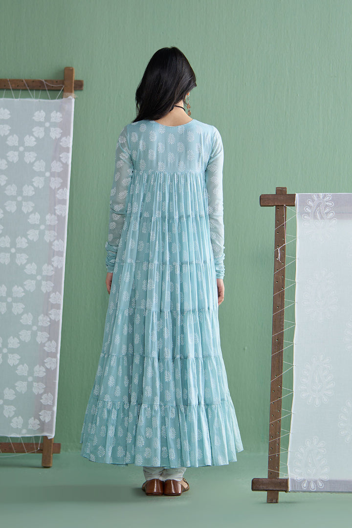Chhaya Vol 2 Turquoise Tiered anarkali with chooridar and dupatta (set of 3)