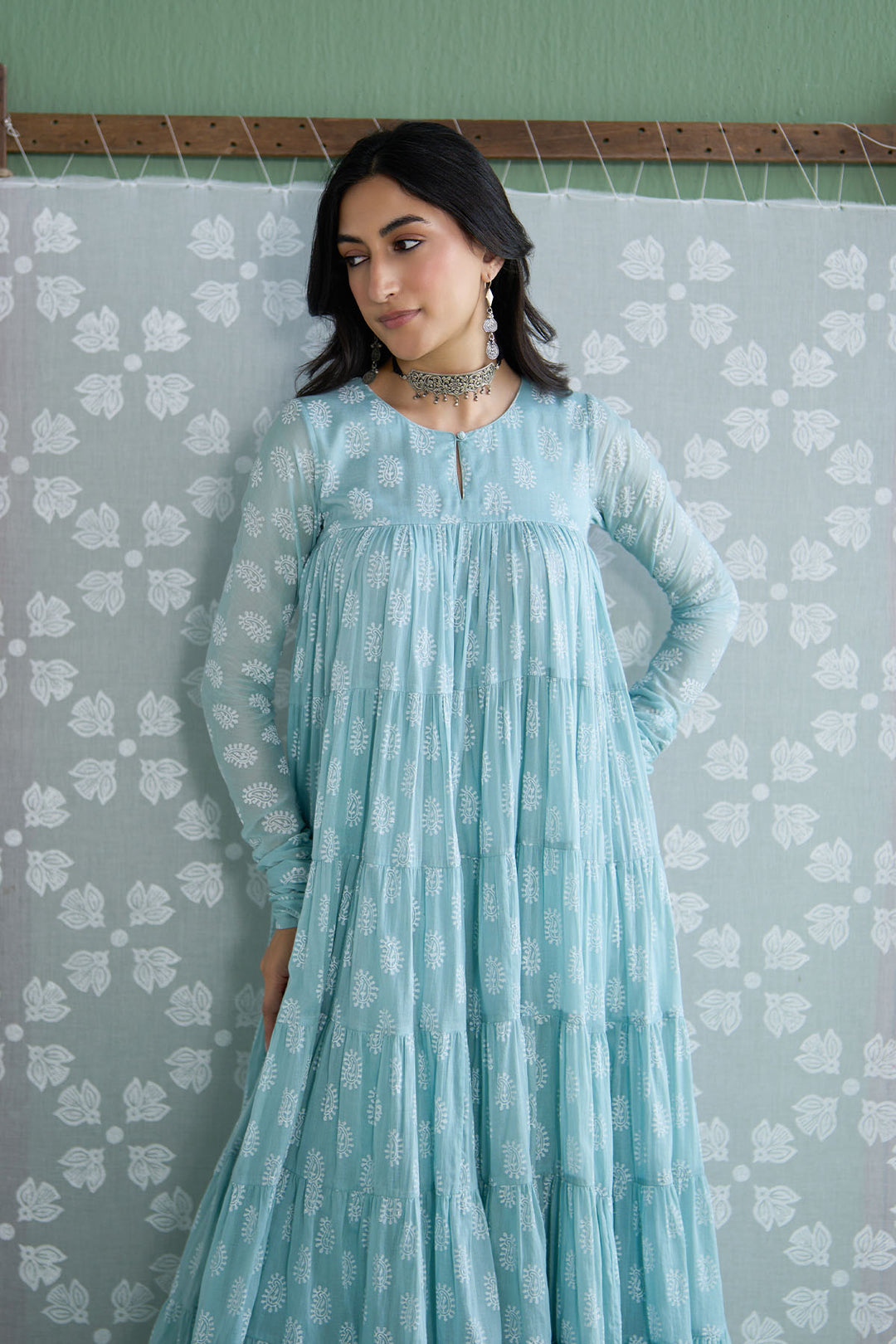 Chhaya Vol 2 Turquoise Tiered anarkali with chooridar and dupatta (set of 3)