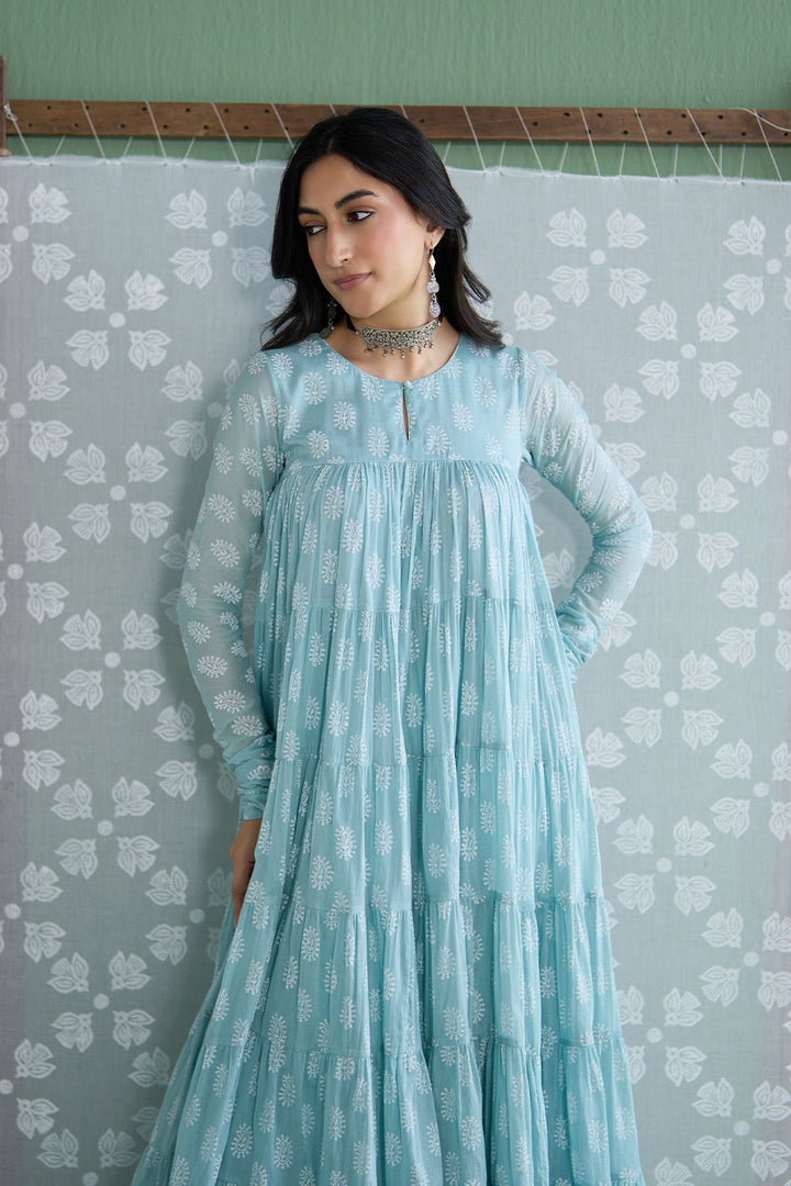 Chhaya Vol 2 Turquoise Tiered anarkali with chooridar and dupatta (set of 3)