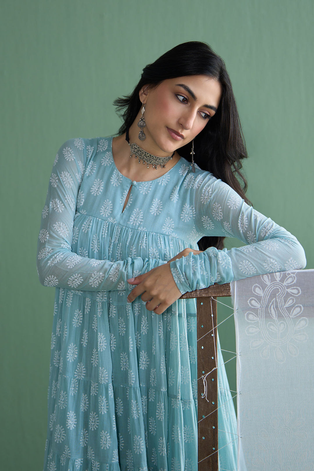 Chhaya Vol 2 Turquoise Tiered anarkali with chooridar and dupatta (set of 3)