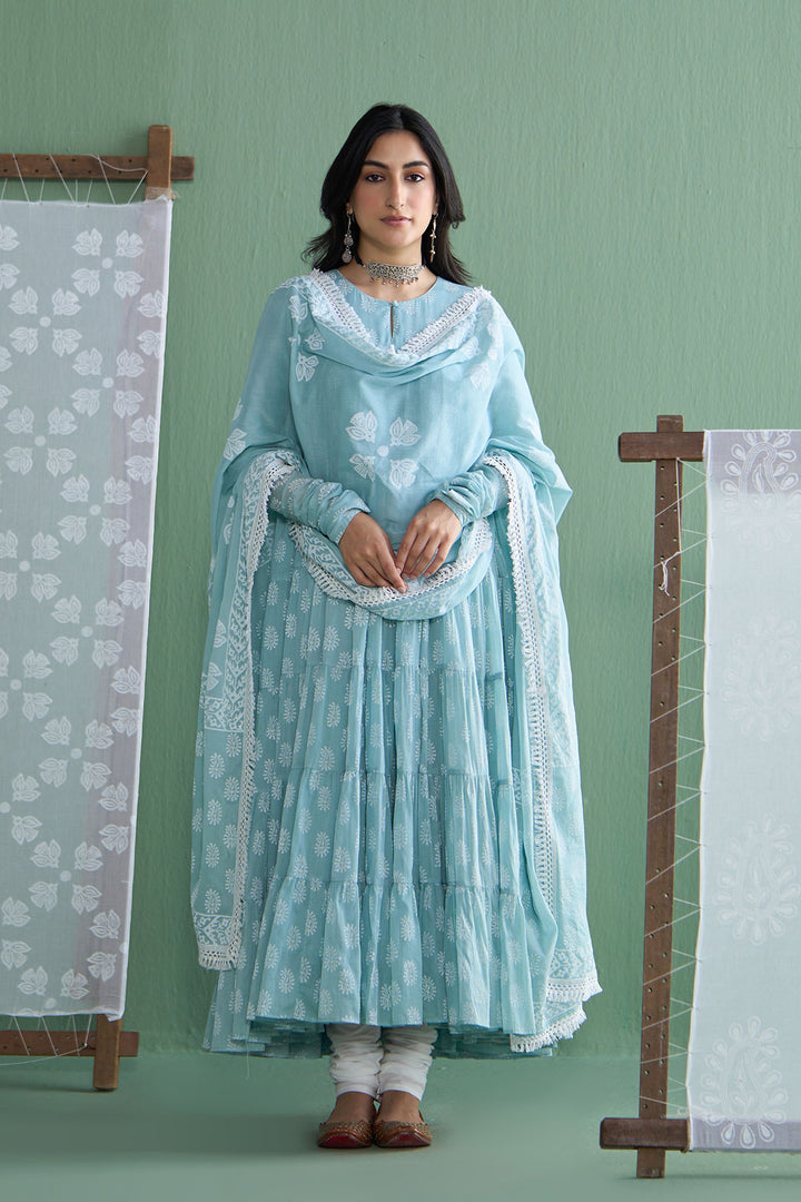 Chhaya Vol 2 Turquoise Tiered anarkali with chooridar and dupatta (set of 3)