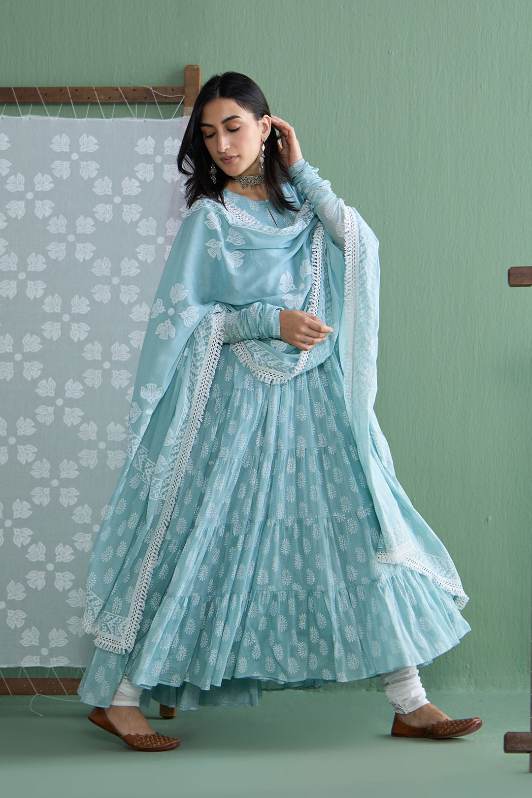 Chhaya Vol 2 Turquoise Tiered anarkali with chooridar and dupatta (set of 3)