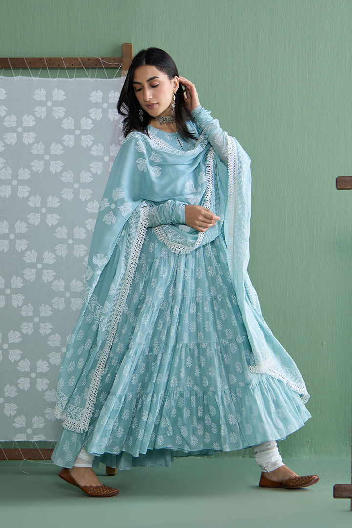 Chhaya Vol 2 Turquoise Tiered anarkali with chooridar and dupatta (set of 3)