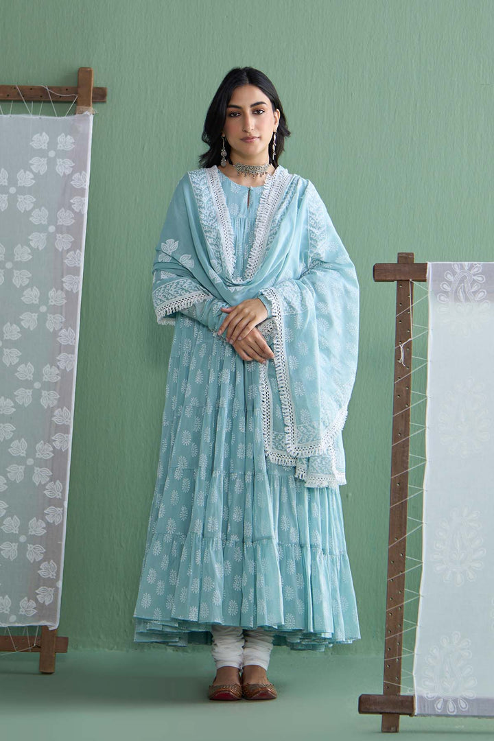Chhaya Vol 2 Turquoise Tiered anarkali with chooridar and dupatta (set of 3)