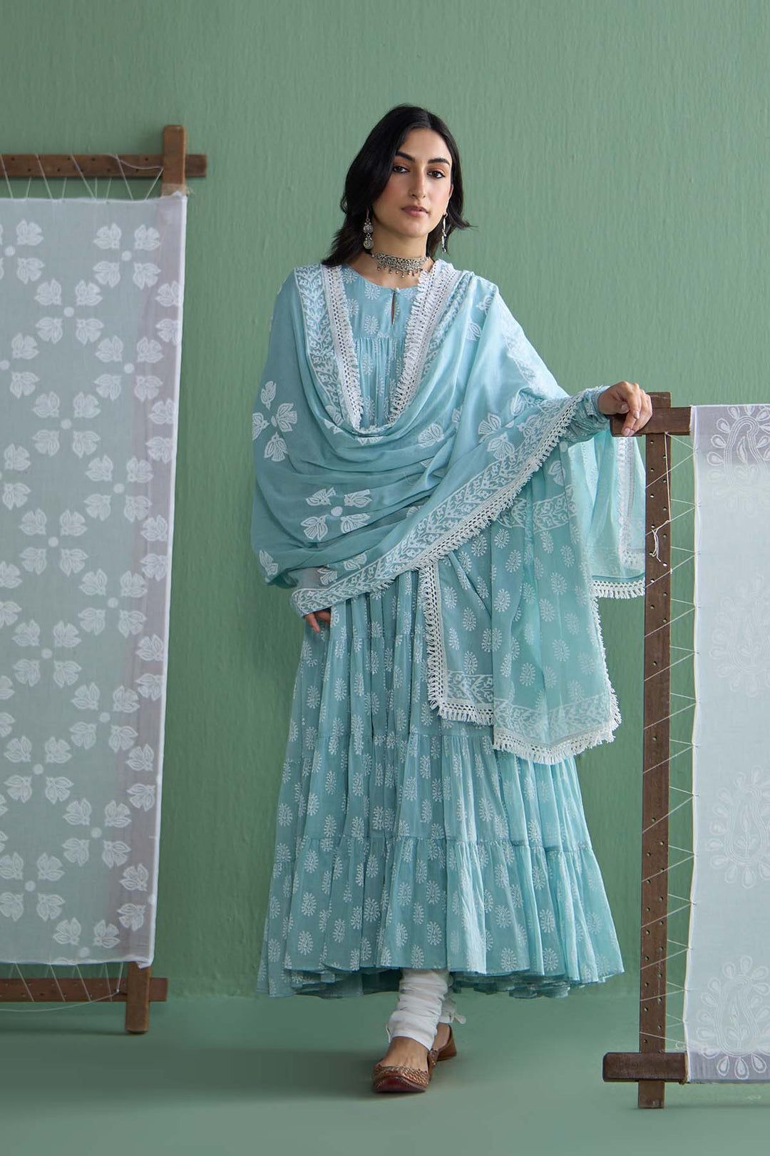 Chhaya Vol 2 Turquoise Tiered anarkali with chooridar and dupatta (set of 3)