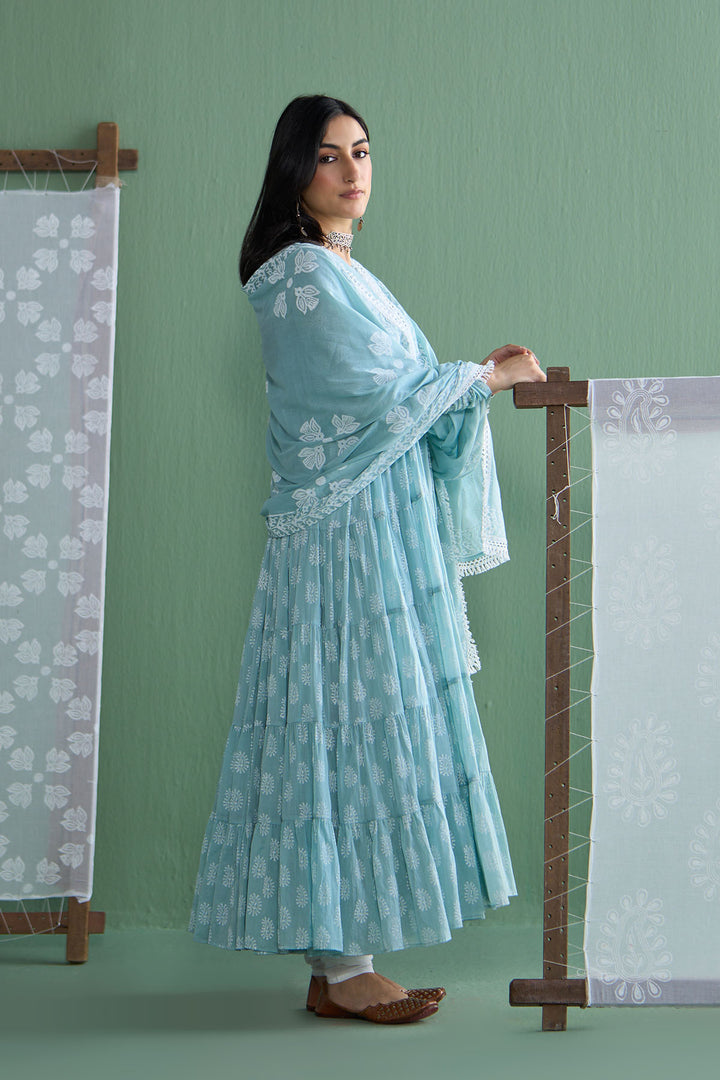 Chhaya Vol 2 Turquoise Tiered anarkali with chooridar and dupatta (set of 3)