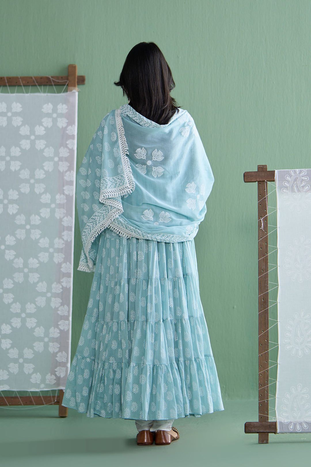 Chhaya Vol 2 Turquoise Tiered anarkali with chooridar and dupatta (set of 3)