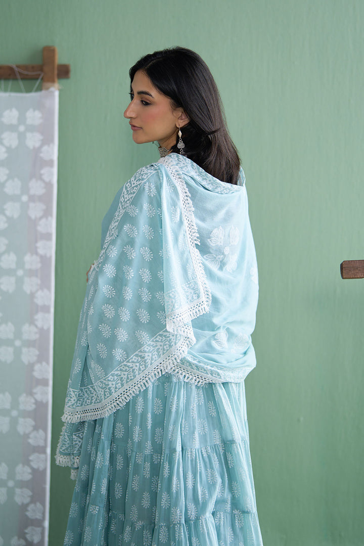 Chhaya Vol 2 Turquoise Tiered anarkali with chooridar and dupatta (set of 3)