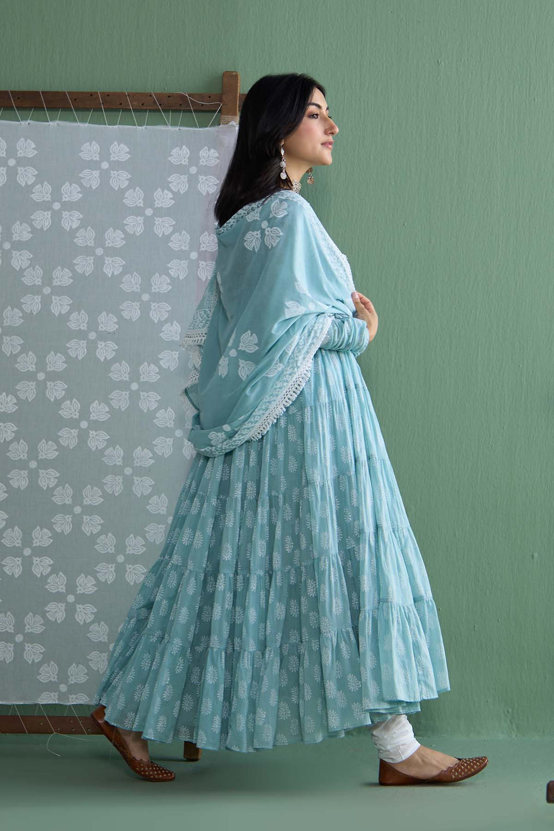 Chhaya Vol 2 Turquoise Tiered anarkali with chooridar and dupatta (set of 3)