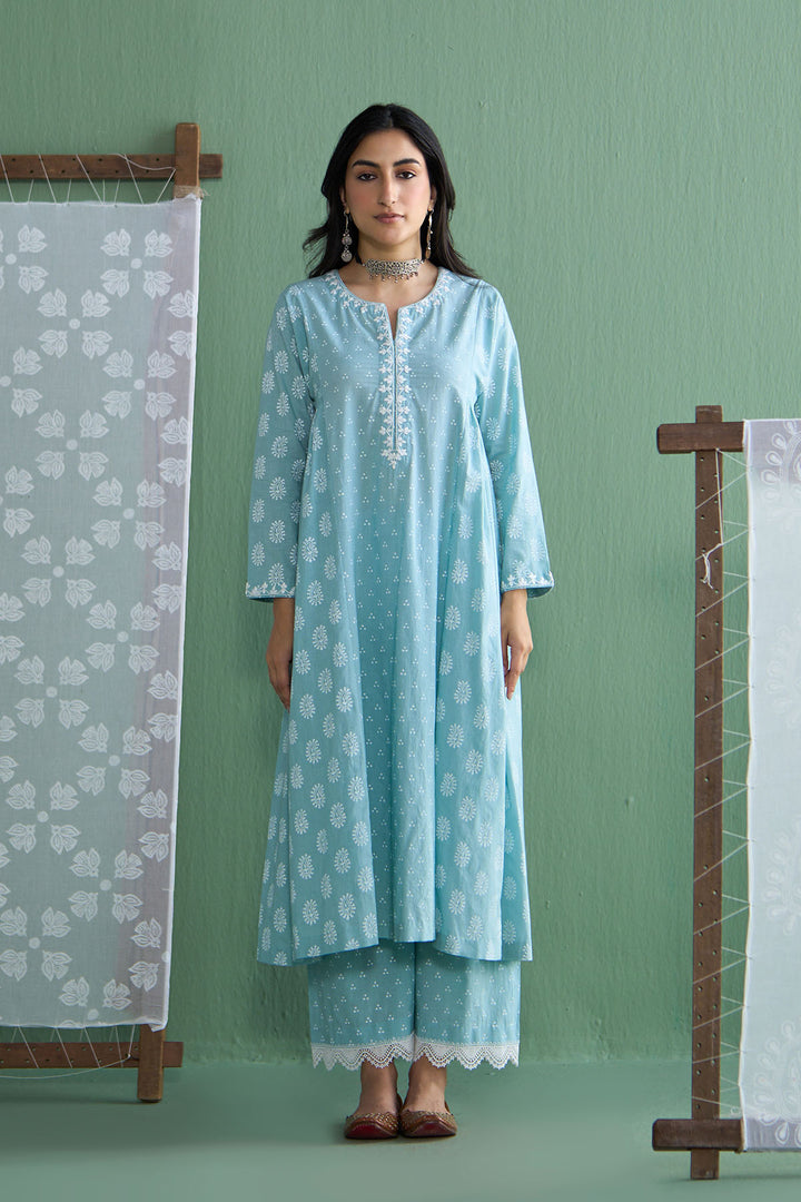 Chhaya Vol 2 Turquoise Side gather kurta with palazzo and printed dupatta (set of 3)