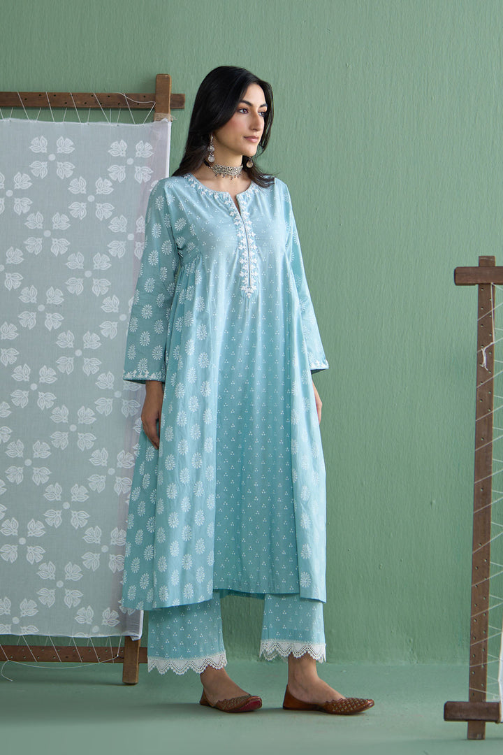 Chhaya Vol 2 Turquoise Side gather kurta with palazzo and printed dupatta (set of 3)