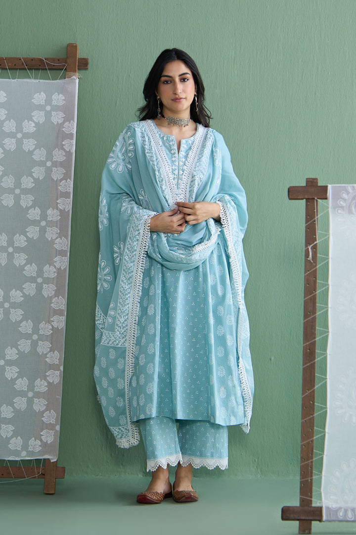 Chhaya Vol 2 Turquoise Side gather kurta with palazzo and printed dupatta (set of 3)