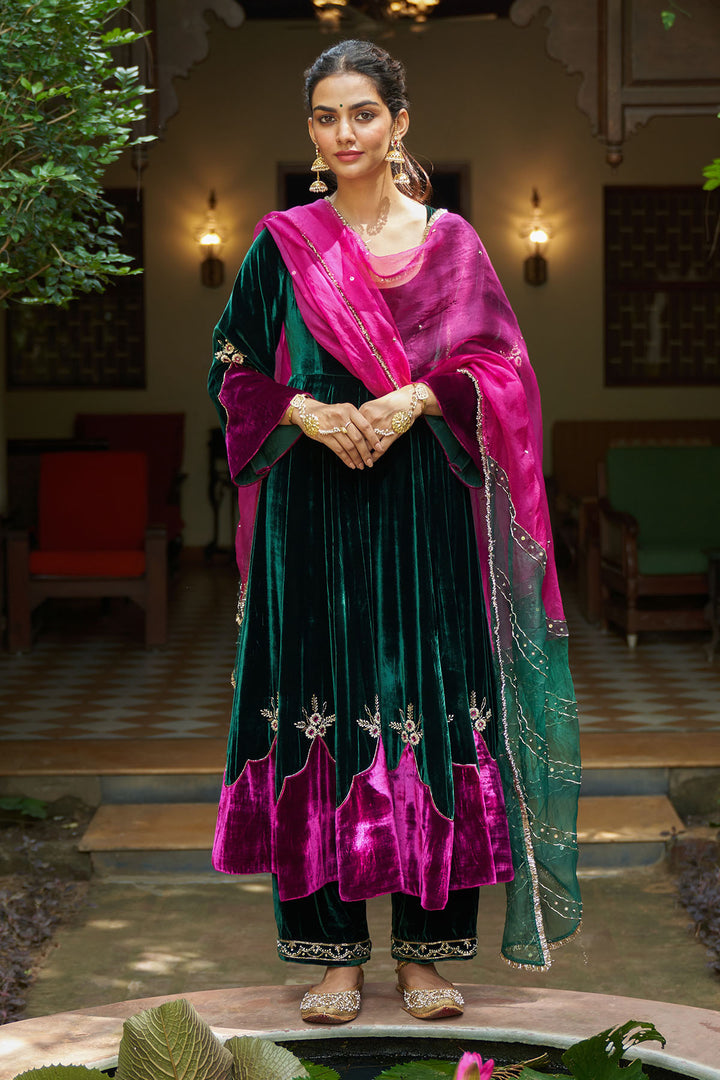 Zooni velvet Green applique work anarkali with palazzo and dupatta.(set of 3)