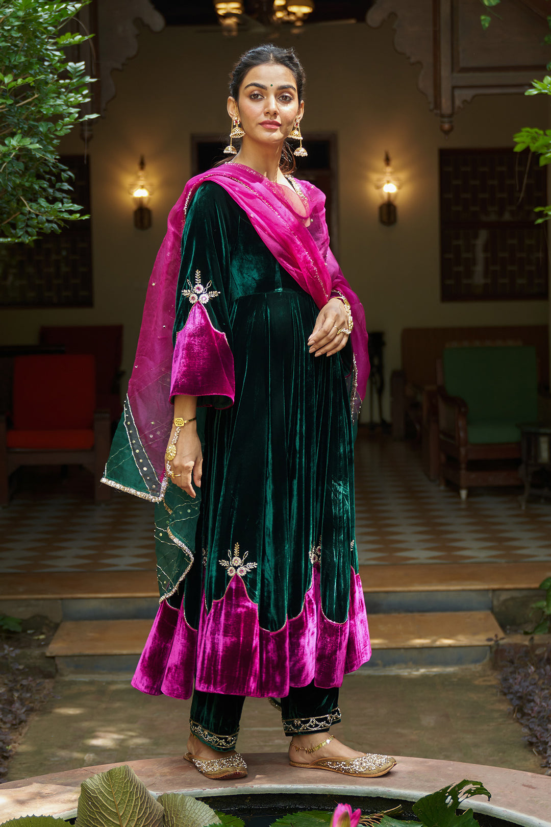 Zooni velvet Green applique work anarkali with palazzo and dupatta.(set of 3)