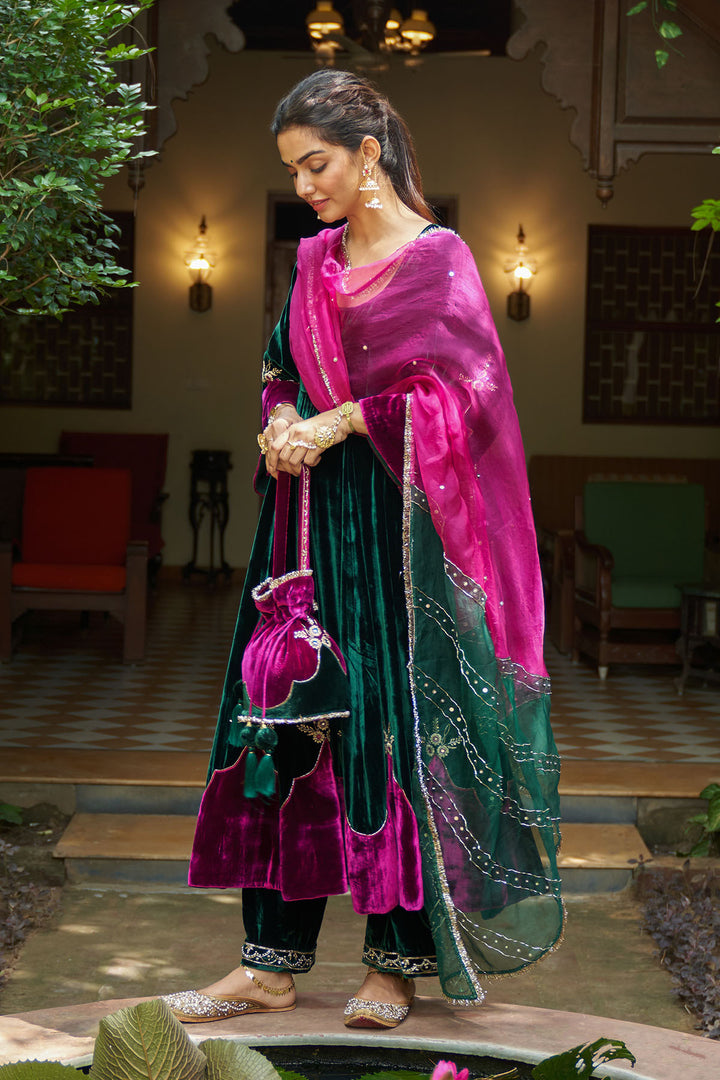 Zooni velvet Green applique work anarkali with palazzo and dupatta.(set of 3)
