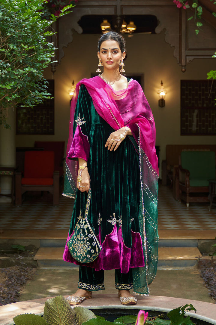 Zooni velvet Green applique work anarkali with palazzo and dupatta.(set of 3)