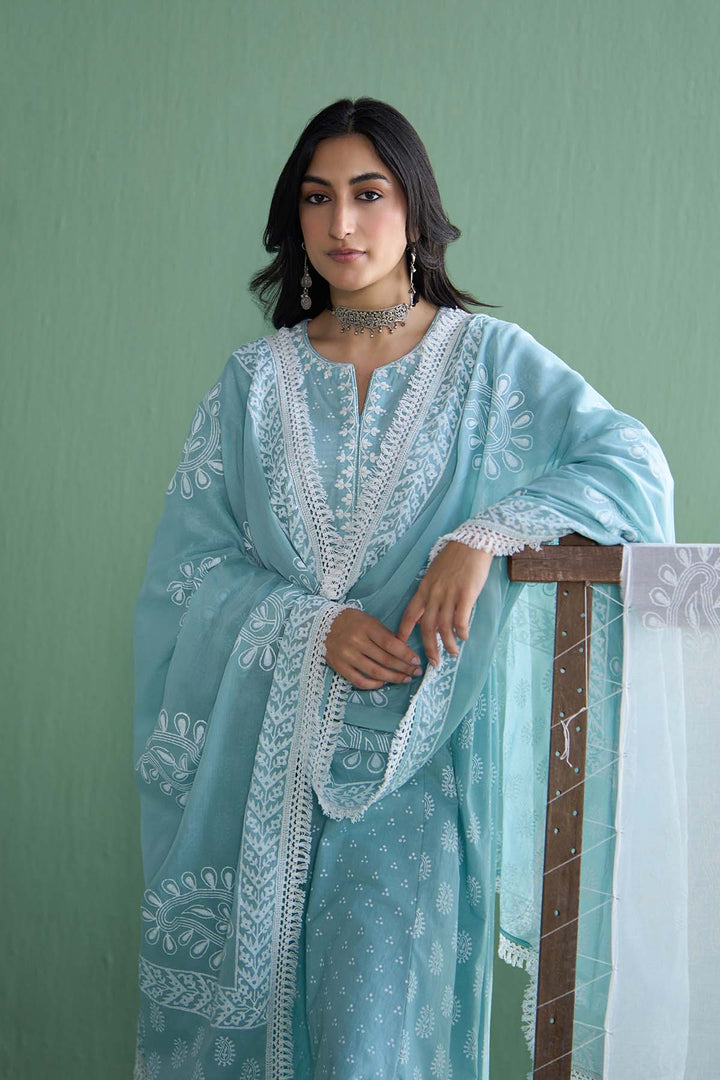 Chhaya Vol 2 Turquoise Side gather kurta with palazzo and printed dupatta (set of 3)