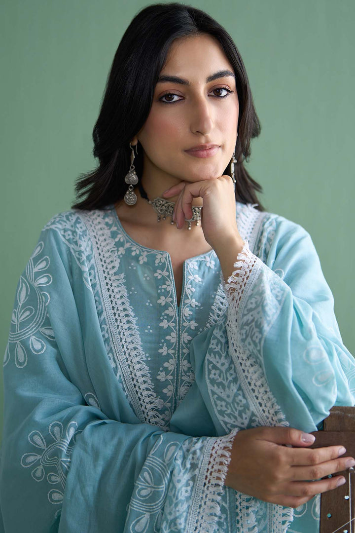 Chhaya Vol 2 Turquoise Side gather kurta with palazzo and printed dupatta (set of 3)