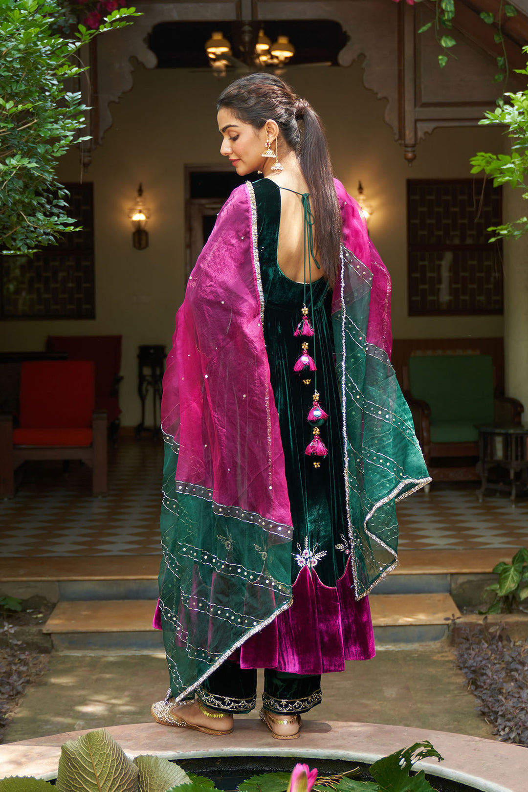 Zooni velvet Green applique work anarkali with palazzo and dupatta.(set of 3)