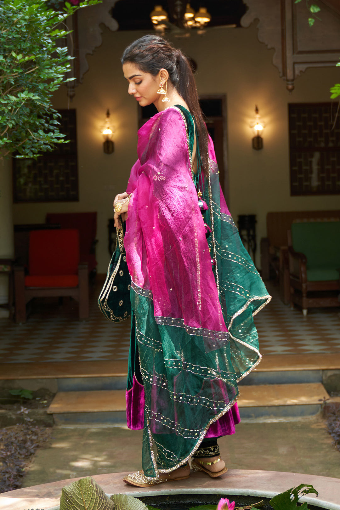 Zooni velvet Green applique work anarkali with palazzo and dupatta.(set of 3)