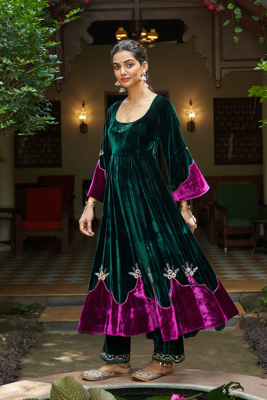 Zooni velvet Green applique work anarkali with palazzo and dupatta.(set of 3)