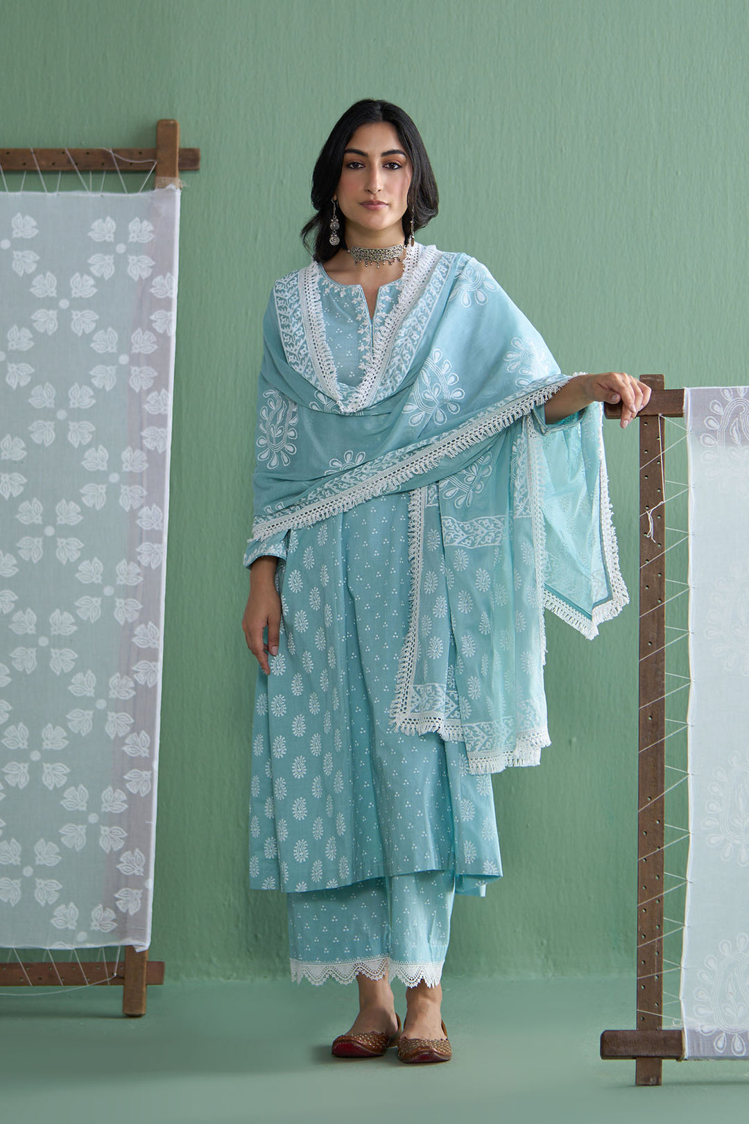 Chhaya Vol 2 Turquoise Side gather kurta with palazzo and printed dupatta (set of 3)