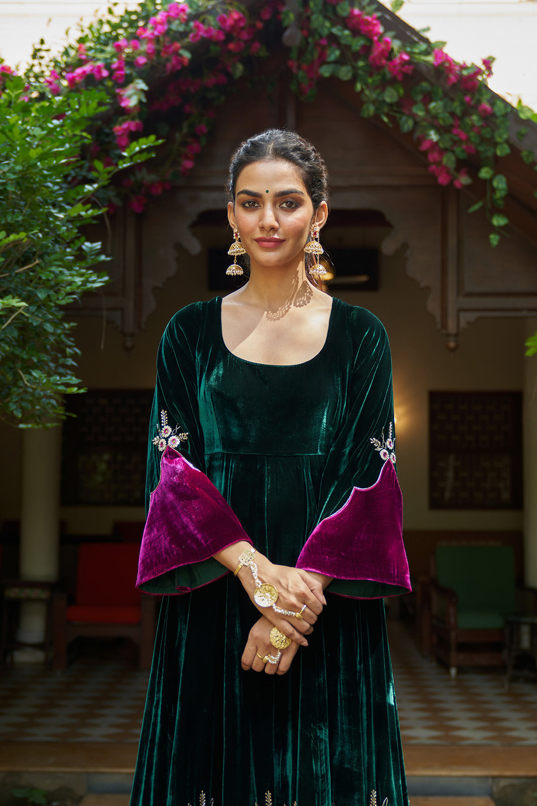 Zooni velvet Green applique work anarkali with palazzo and dupatta.(set of 3)