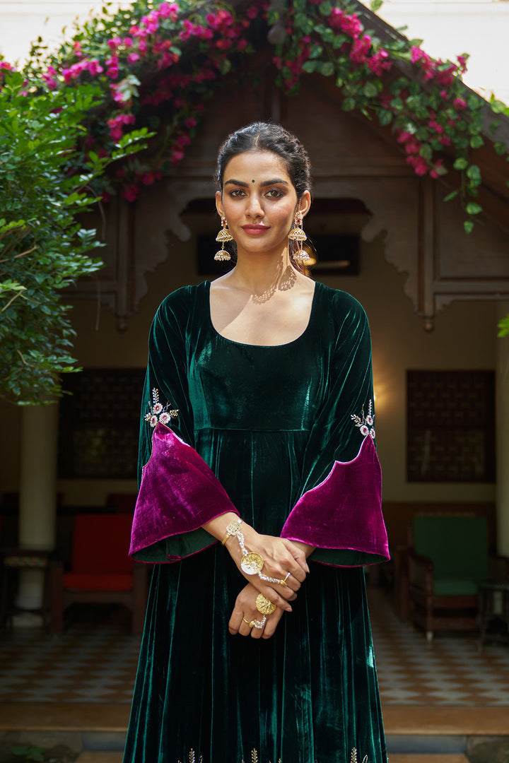 Zooni velvet Green applique work anarkali with palazzo and dupatta.(set of 3)