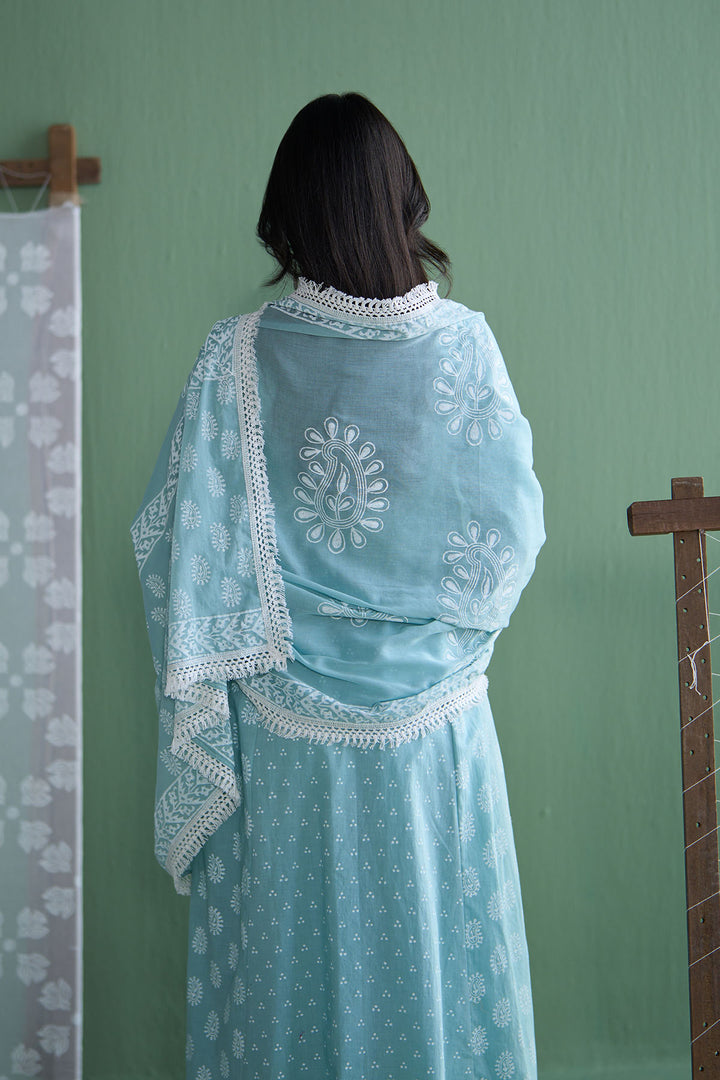 Chhaya Vol 2 Turquoise Side gather kurta with palazzo and printed dupatta (set of 3)