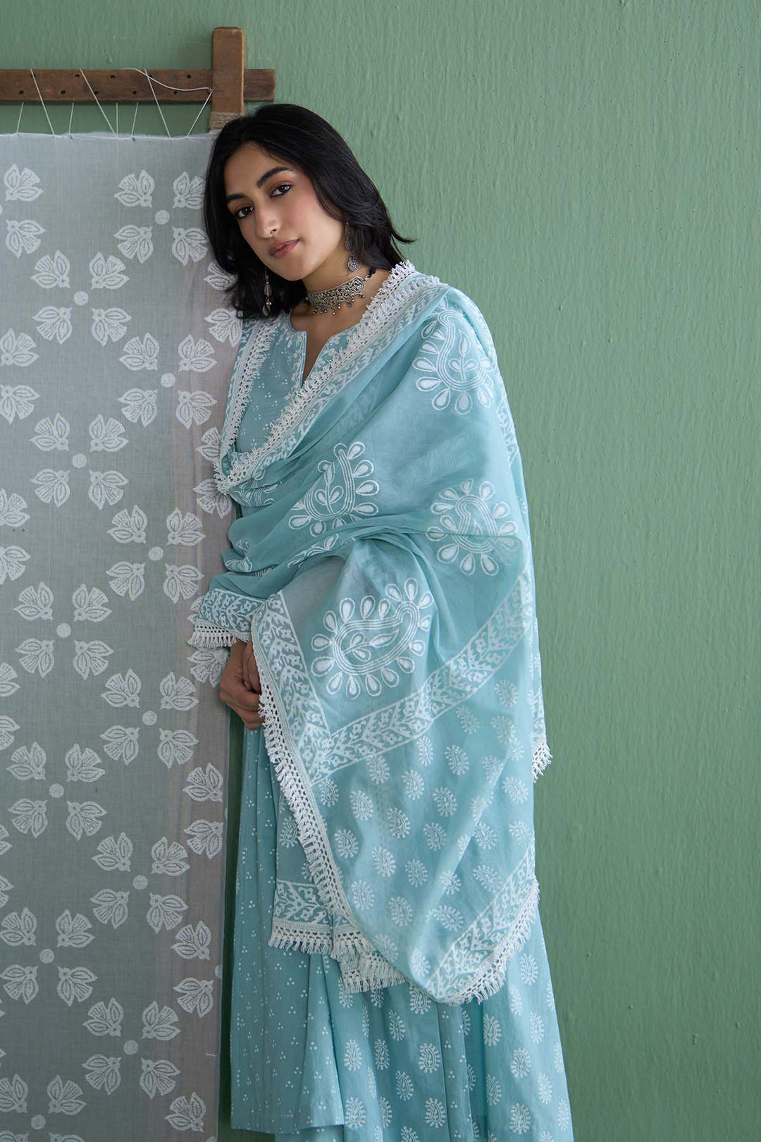 Chhaya Vol 2 Turquoise Side gather kurta with palazzo and printed dupatta (set of 3)
