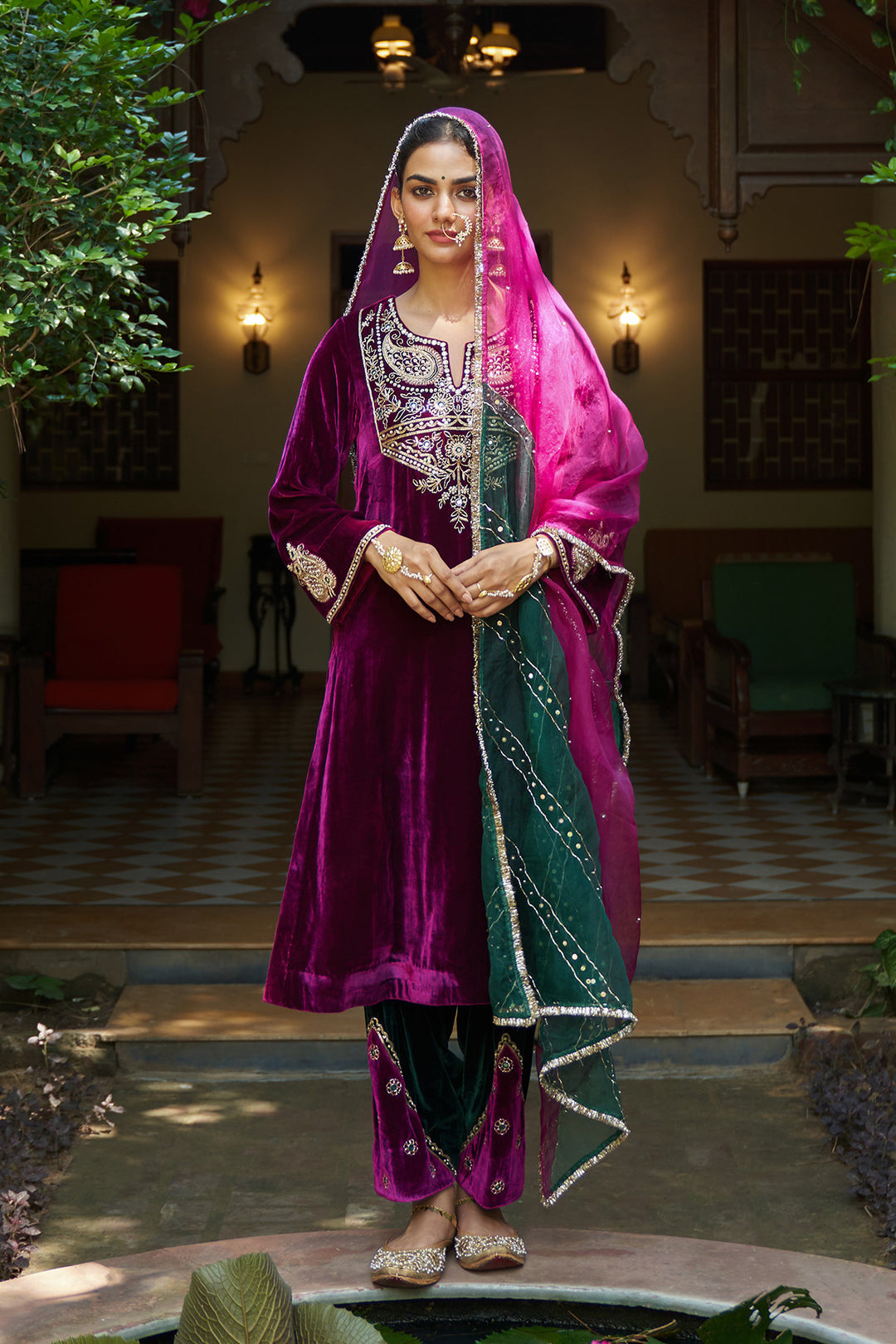 Zooni velvet Deep orchid embroidered kurta with patchwork salwar and dual colour dupatta ( set of 3)